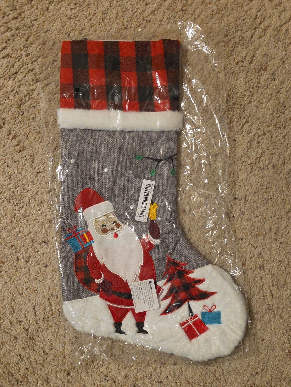 Holiday Santa Plaid Accent Christmas Stocking - Red and Gray